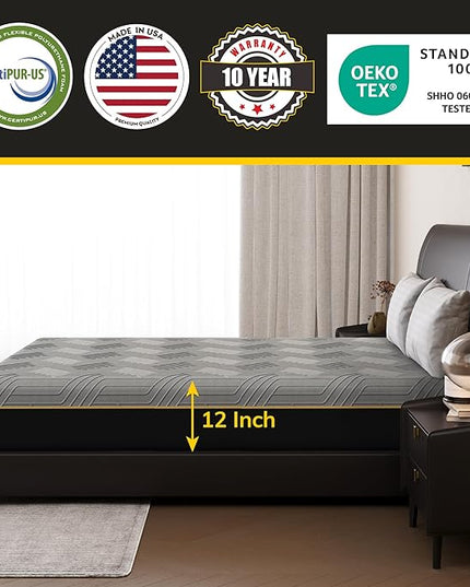 EGOHOME 12 Inch King Mattress, Copper Gel Cooling Memory Foam Mattress for Back Pain Relief,Therapeutic Double Mattress Bed in a Box, Made in USA, CertiPUR-US Certified, 76x80x12 Black - LeafyLoom