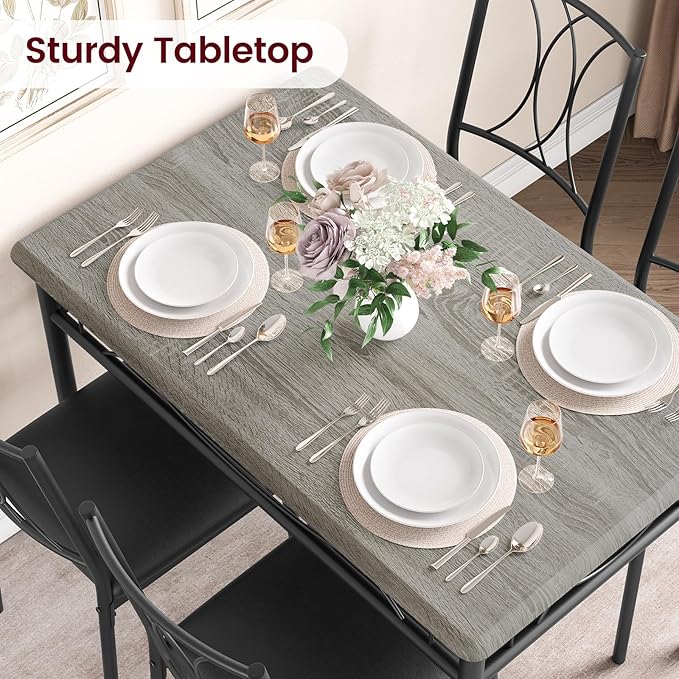 Kitchen Table and Chairs for 4, Dining Table Set for 4 with Upholstered Chairs, Kitchen Table Set Metal and Wood Rectangular Dining Table Set for Small Space, Apartment, Breakfast, Retro Gray - LeafyLoom