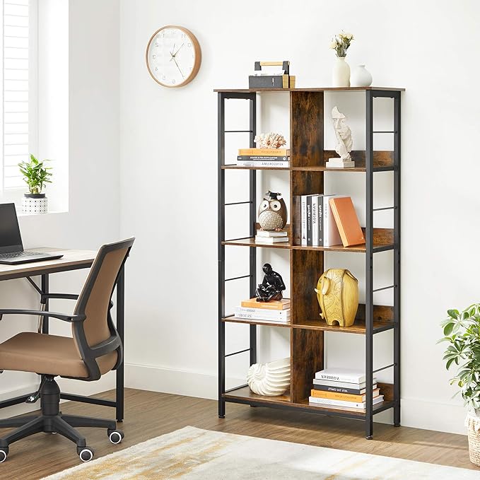 VASAGLE Industrial 8-Compartment Bookshelf, 4-Tier Bookcase with 8 Open Slots, Display Storage Rack, for Office, Living Room, Bedroom, 31.5 x 13 x 58.7 Inches, Rustic Brown and Black ULLS105B01 - LeafyLoom