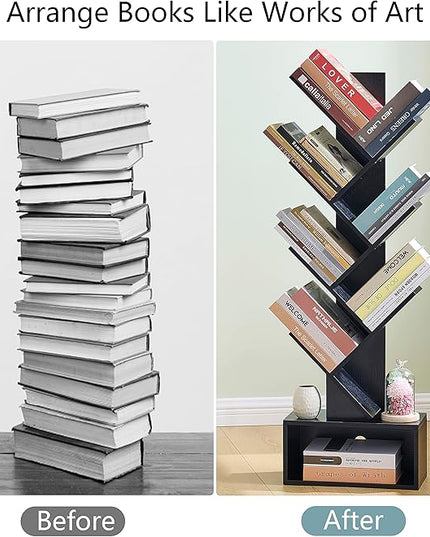 Hoctieon 6 Tier Tree Bookshelf, Tall Bookcase with Drawer, Freestanding Book shelf, Display Floor Standing Storage Shelf, Book Organizer Shelves for Home Office, Living Room, Bedroom, Black - LeafyLoom