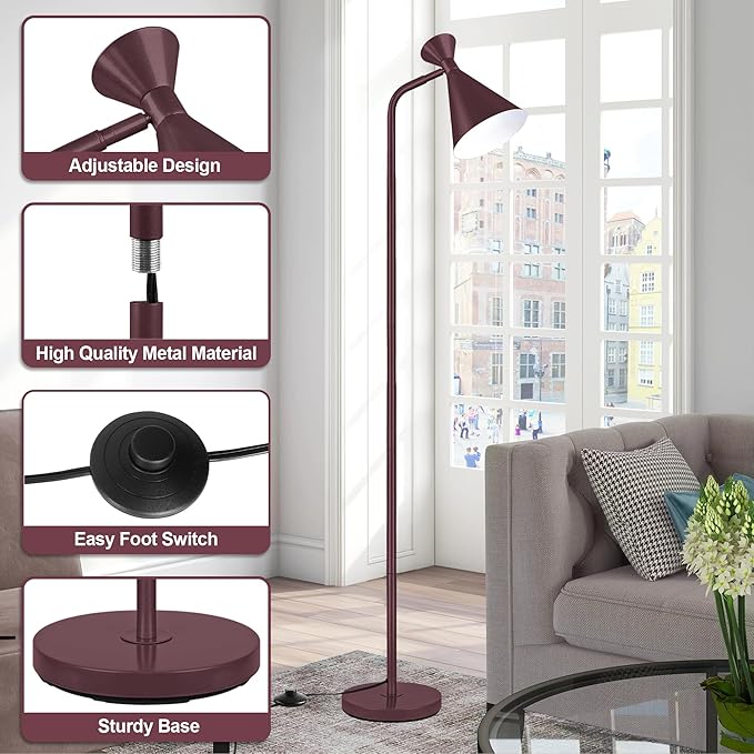 PARTPHONER Floor Lamp for Living Room, Modern Adjustable Metal Heads Standing Lamps, Simple Design Brown Floor Lamp with Foot Switch for Bedroom, Office, Kids Room, Reading, Working(Bulb Not Included) - LeafyLoom