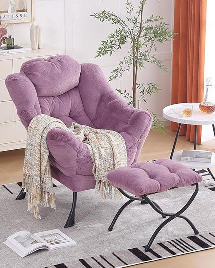 Oversized Chair with Ottoman, Modern Chair with Folding Footrest, Lounge Accent Chair, Comfortable Reading Chair for Bedroom, Study, Living Room, Courtyard (Plush Purple) - LeafyLoom
