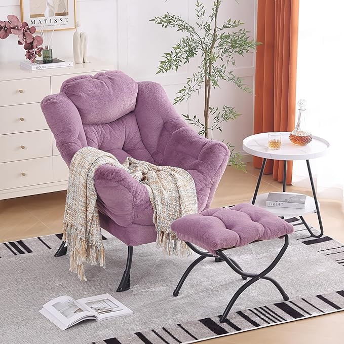 Oversized Chair with Ottoman, Modern Chair with Folding Footrest, Lounge Accent Chair, Comfortable Reading Chair for Bedroom, Study, Living Room, Courtyard (Plush Purple) - LeafyLoom