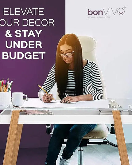 bonVIVO Massimo Small Desk - 43 Inch, Modern Computer Desk for Small Spaces, Living Room, Office and Bedroom - Study Table w/Glass Top and Shelf Space - White - LeafyLoom