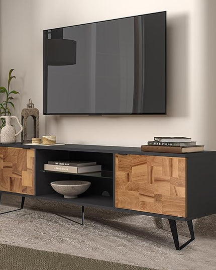 Atelier Mobili Mid Century Modern Door Glass Shelf TV Stand with Storage for TVs up 80 to Inches, Media Console for Living Room, Entertainment Center or Farmhouse TV Stand (Wood Patchwork) - LeafyLoom