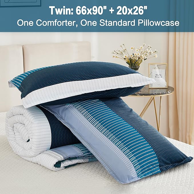 Litanika Navy Blue Comforter Twin/Twin XL Size Set, 2 Pieces Boys Men Bedding Set, Single Blue White Colorblock Striped Bed Set (66x90In Comforter & 1 Pillowcase) - LeafyLoom