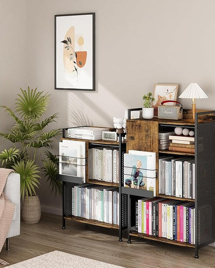 4 Tier Large Bookshelf with Storage Cabinet, Metal Industrial Bookcase Storage Organizer with Sliding Door, Open Standing Shelf Unit for Bedroom, Living Room, Home Office, Rustic Brown - LeafyLoom