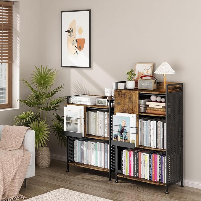 4 Tier Large Bookshelf with Storage Cabinet, Metal Industrial Bookcase Storage Organizer with Sliding Door, Open Standing Shelf Unit for Bedroom, Living Room, Home Office, Rustic Brown - LeafyLoom
