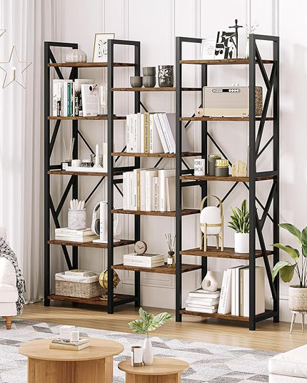GAOMON Triple Wide 5 Tier Book Shelf, 70.8” Tall Bookcase with 14 Open Shelves, Large Industrial Bookshelves and Bookcases with Metal Frame for Home Office, Study Room, Living Room-Rustic Brown - LeafyLoom
