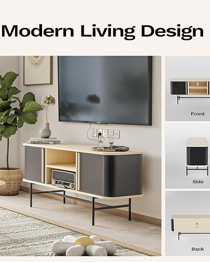 Roomfitters Mid Century Modern TV Stand with Tambour Door for TVs up to 65", Sideboard Buffet Tambour Cabinet with Sliding Door, Entertainment Center for Living Room, Media Console with Storage, Black - LeafyLoom
