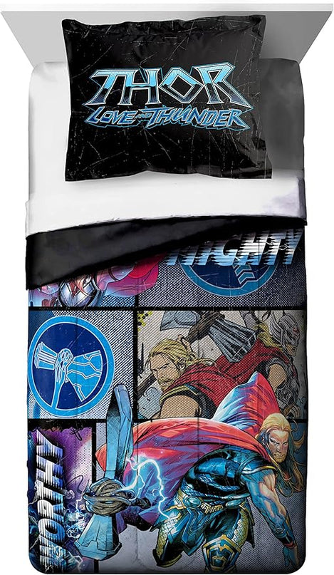 Jay Franco Marvel Comics Thor Mighty Twin Comforter & Sham Set - Kids Super Soft Bedding - Fade Resistant Microfiber (Official Marvel Product) - LeafyLoom