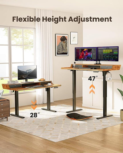ErGear Electric Standing Desk with Drawers, 63″ x 28″ Gaming Desk with Monitor Stand, C-Clamp Mount Compatible, Home Office Height-Adjustable Desk with Storage Shelf, 4 Preset Heights, Vintage Brown - LeafyLoom