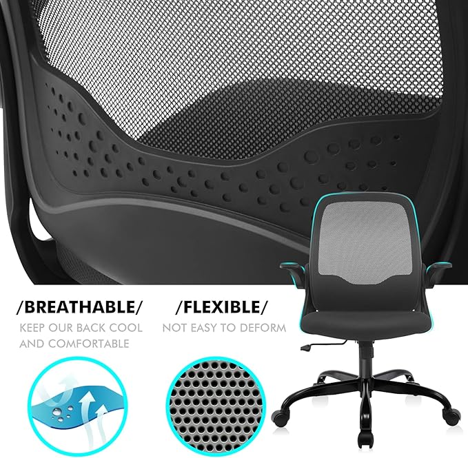 KERDOM Office Chair, Ergonomic Desk Chair, Breathable Mesh Computer Chair, Comfy Swivel Task Chair with Flip-up Armrests and Adjustable Height - LeafyLoom