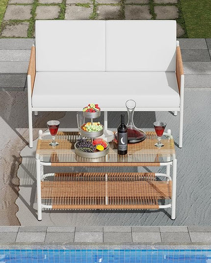 Shintenchi 2 Piece Patio Wicker Furniture Set, Outdoor Patio Furniture Rattan Conversation Set with Coffee Tables and Loveseat for Backyard, Balcony, Poolside - LeafyLoom
