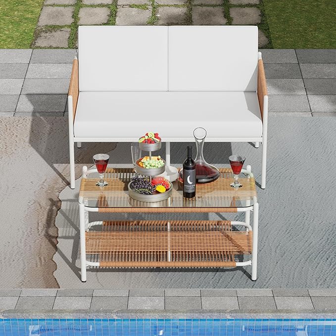 Shintenchi 2 Piece Patio Wicker Furniture Set, Outdoor Patio Furniture Rattan Conversation Set with Coffee Tables and Loveseat for Backyard, Balcony, Poolside - LeafyLoom