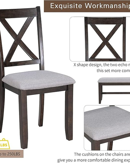 RITSU 6 Piece Family Foldable Dining Table Set with 4 Upholstered Burlap Chairs and Bench, Solid Wood Construction, Space Saving, Suitable for Living Room, Apartment Espresso, 60inch - LeafyLoom