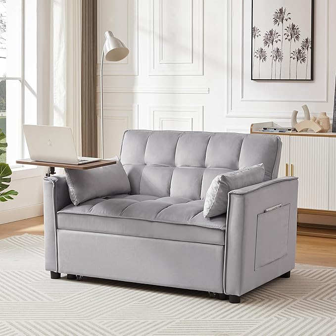 Comfy Cute Tufted Upholstered Loveseat Sofa with Pull Out Sleeper Couch Bed and 2 Pillows,Modern Convertible Love Seat Sofabed for Computer & Coffee Living Room Furniture Sets - LeafyLoom