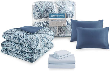 Comfort Spaces Bed in A Bag - Trendy Casual Design Cozy Comforter with Complete Sheet Set with Side Pocket, All Season Cover, Matching Shams, Full(80"x90"), Gloria, Damask Blue 9 Piece - LeafyLoom
