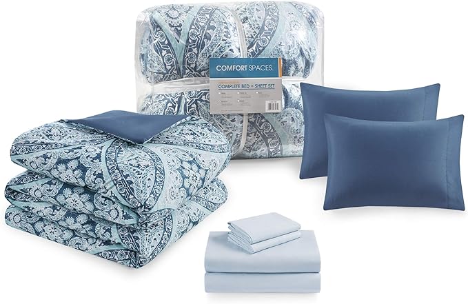 Comfort Spaces Bed in A Bag - Trendy Casual Design Cozy Comforter with Complete Sheet Set with Side Pocket, All Season Cover, Matching Shams, Full(80"x90"), Gloria, Damask Blue 9 Piece - LeafyLoom