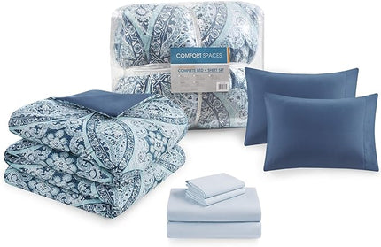 Comfort Spaces Bed in A Bag - Trendy Casual Design Cozy Comforter with Complete Sheet Set with Side Pocket, All Season Cover, Matching Shams, Queen(90"x90"), Gloria, Damask Blue 9 Piece - LeafyLoom