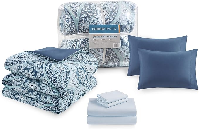 Comfort Spaces Bed in A Bag - Trendy Casual Design Cozy Comforter with Complete Sheet Set with Side Pocket, All Season Cover, Matching Shams, Queen(90"x90"), Gloria, Damask Blue 9 Piece - LeafyLoom
