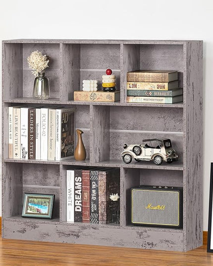 LEYAOYAO 8 Cube Bookshelf with Base,3 Tier Mid-Century Modern Grey Bookcase,Standing Wide Bookshelves Storage Organizer Shelf,Rustic Wood Display Cabinet Book Shelves for Bedroom,Living Room,Office - LeafyLoom