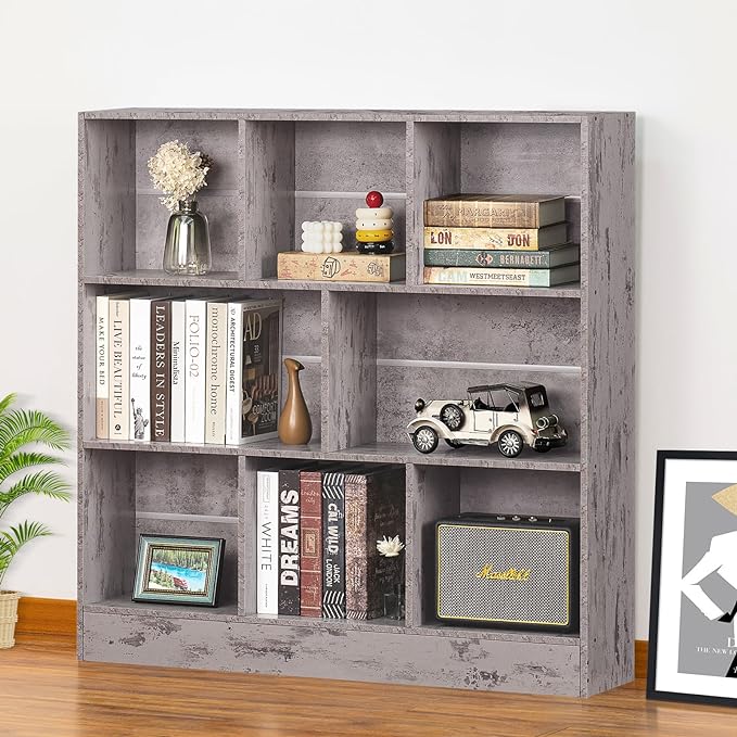 LEYAOYAO 8 Cube Bookshelf with Base,3 Tier Mid-Century Modern Grey Bookcase,Standing Wide Bookshelves Storage Organizer Shelf,Rustic Wood Display Cabinet Book Shelves for Bedroom,Living Room,Office - LeafyLoom