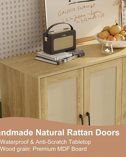 Storage Cabinet with Rattan Trim - 4 Door Sideboard Buffet Cabinet with Storage, Accent Cabinet with Shelves for Bathroom, Coffee Bar, Kitchen, Living Room, Hallway (natural wood) - LeafyLoom