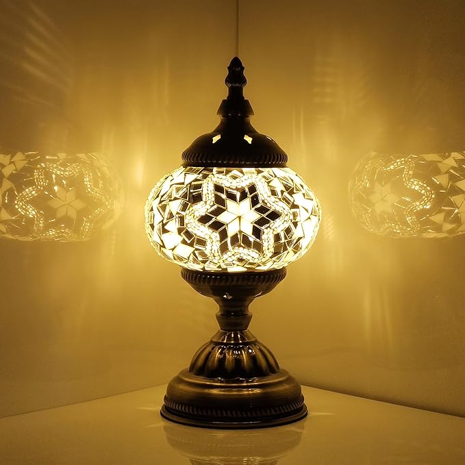 Turkish Mosaic Lamp Bohemian Tiffany Style Stained Glass Bedside Lamp for Bedroom (White) - LeafyLoom
