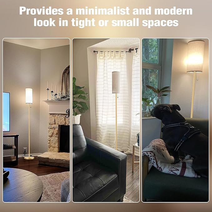 Ambimall Floor Lamp for Living Room with 3 Color Temperatures Bulb, 64" Standing lamp with Linen lampshade for Bedroom, Minimalist Pole Lamp, Beige Shade & Gold Pole - LeafyLoom