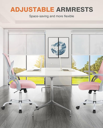 Sweetcrispy Office Computer Desk Chair, Ergonomic Mid-Back Mesh Rolling Work Swivel Task Chairs with Wheels, Comfortable Lumbar Support, Comfy Flip-up Arms for Home, Bedroom, Study, Student, Pink - LeafyLoom