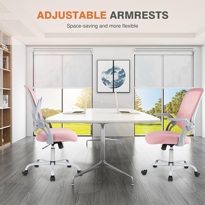 Sweetcrispy Office Computer Desk Chair, Ergonomic Mid-Back Mesh Rolling Work Swivel Task Chairs with Wheels, Comfortable Lumbar Support, Comfy Flip-up Arms for Home, Bedroom, Study, Student, Pink - LeafyLoom