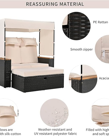 Outdoor Patio Conversation Set, 2-Piece Patio Bench Rattan Roof Set, Effective UV Protection Fabric & Waterproof Cushions and Adjustable Backrest for Garden, Backyard and Porch - LeafyLoom