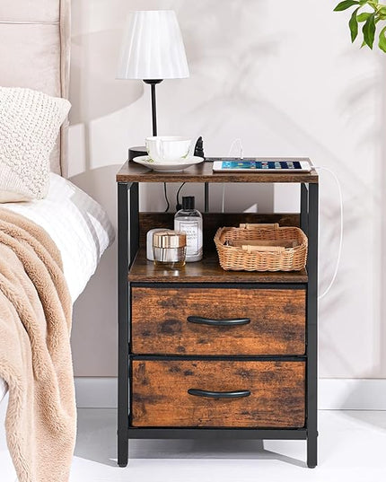Yoobure Nightstand with Charging Station, LED Night Stand with Fabric Drawers and Storage Shelf for Bedroom, Nightstands Bedside Tables with USB Ports & Outlets, Small Night Stands, Bed Side Table - LeafyLoom