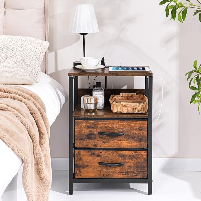 Yoobure Nightstand with Charging Station, LED Night Stand with Fabric Drawers and Storage Shelf for Bedroom, Nightstands Bedside Tables with USB Ports & Outlets, Small Night Stands, Bed Side Table - LeafyLoom