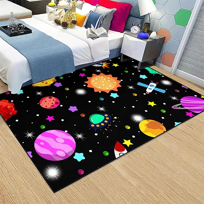 Space Rug - Space Rug for Boys Room Solar System Rug Planet Carpet for Kids Outer Space Area Rug Bedroom Boys Kids Rugs for Playroom Galaxy Rugs for Boys Bedroom,Black,4'×5' - LeafyLoom