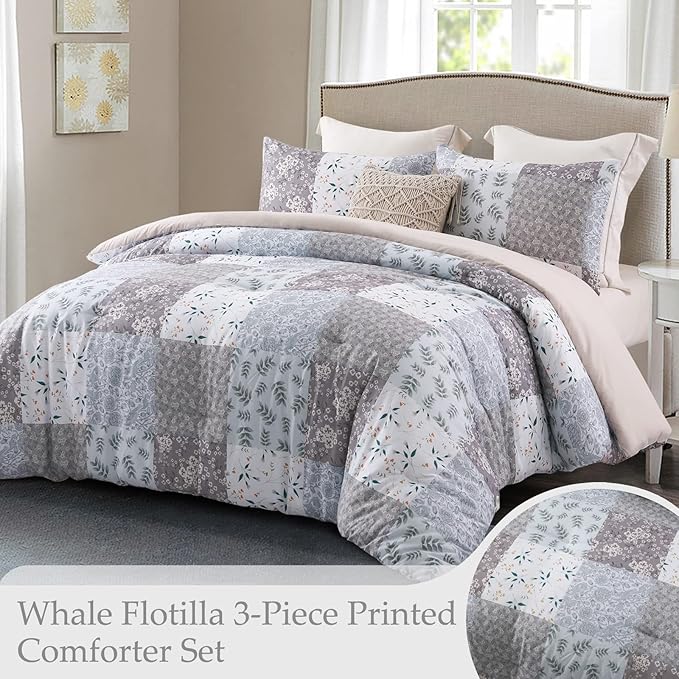 Whale Flotilla King Comforter Set, Soft Reversible Grey Bedding Comforter Set with Boho Pattern, 1 Micoriber Patchwork Comforter and 2 Pillow Shams, 3 Pieces - LeafyLoom
