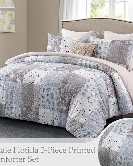 Whale Flotilla Queen Full Comforter Set, Soft Reversible Grey Bedding Comforter Set with Boho Pattern, 1 Micoriber Patchwork Comforter and 2 Pillow Shams, 3 Pieces - LeafyLoom