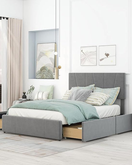 Full Size Upholstery Platform Bed with 4 Storage Drawers on Two Sides, Adjustable Velvet Headboard and Footboard, No Box Spring Needed, Gray - LeafyLoom
