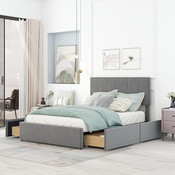 Full Size Upholstery Platform Bed with 4 Storage Drawers on Two Sides, Adjustable Velvet Headboard and Footboard, No Box Spring Needed, Gray - LeafyLoom