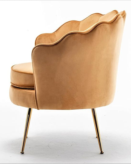 Velvet Barrel Accent Chair with Scalloped Silhouette and Gold Metal Legs, Decorative Piece Suitable for Traditional, Modern, and Contemporary Spaces, Mustard Yellow - LeafyLoom
