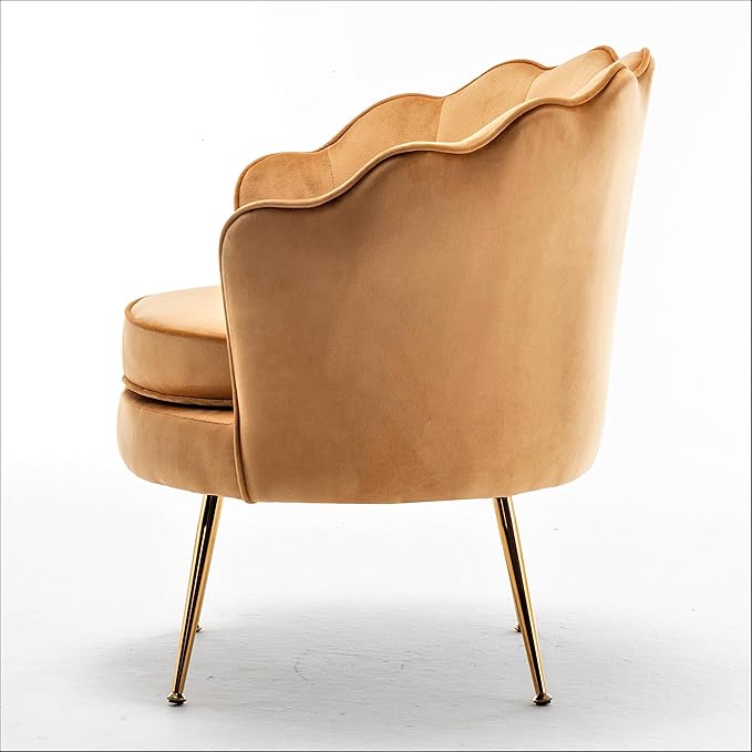 Velvet Barrel Accent Chair with Scalloped Silhouette and Gold Metal Legs, Decorative Piece Suitable for Traditional, Modern, and Contemporary Spaces, Mustard Yellow - LeafyLoom