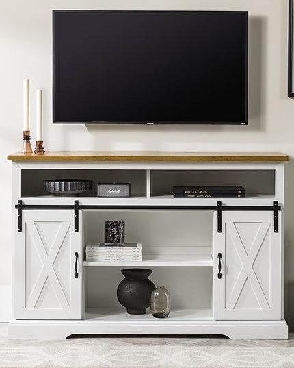 Walker Edison Clayton Farmhouse Sliding Double Barn Door TV Stand for TVs up to 58 Inches, 52 Inch, Solid White - LeafyLoom