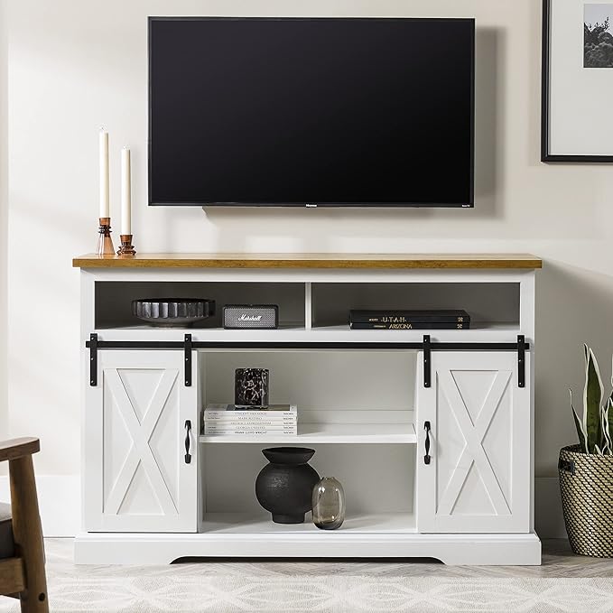 Walker Edison Clayton Farmhouse Sliding Double Barn Door TV Stand for TVs up to 58 Inches, 52 Inch, Solid White - LeafyLoom