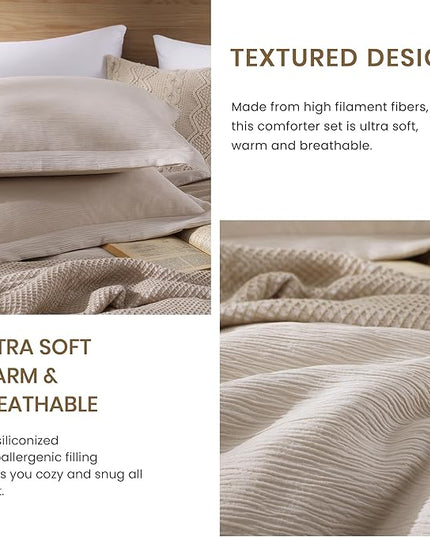 Dark Beige King Size Comforter Set, 3 Piece Summer Bedding for Textured Crinkle King Comforter Set, King Bedding Set with Minimalist Lightweight Comforter & Shams (King, 102"x90") - LeafyLoom