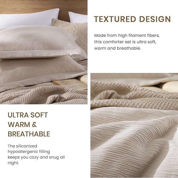Dark Beige King Size Comforter Set, 3 Piece Summer Bedding for Textured Crinkle King Comforter Set, King Bedding Set with Minimalist Lightweight Comforter & Shams (King, 102"x90") - LeafyLoom
