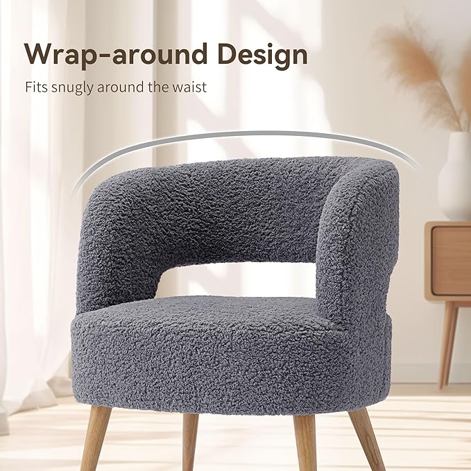 Accent Chair with Ottoman Teddy Fleece Upholstered Armchair Mid-Century Modern Comfortable Chairs and Ottoman Set with Wooden Legs for Living Room, Bedroom(Dark Grey) - LeafyLoom