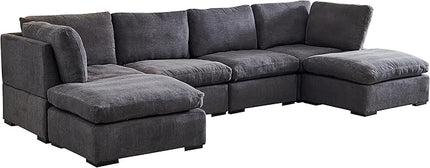 U Shaped Down Filled Oversized Cloud Couch with Double Chaise, Deep Seat Free Combination Convertible Corner Sectional Sofa Bed with Detachable Backrest and Wooden Legs for Living Room Office - LeafyLoom
