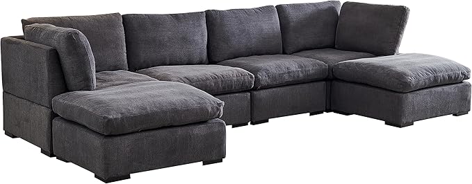 U Shaped Down Filled Oversized Cloud Couch with Double Chaise, Deep Seat Free Combination Convertible Corner Sectional Sofa Bed with Detachable Backrest and Wooden Legs for Living Room Office - LeafyLoom