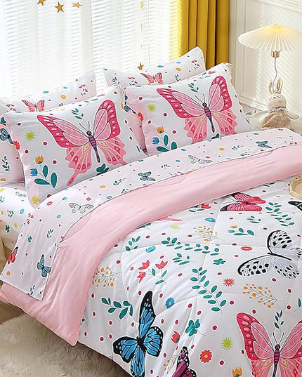 Girls Butterfly Comforter Set Queen Size 7 Piece Bed in A Bag Colorful Flowers Leaves Bedding Set for Kids Teens Super Soft All Season - LeafyLoom